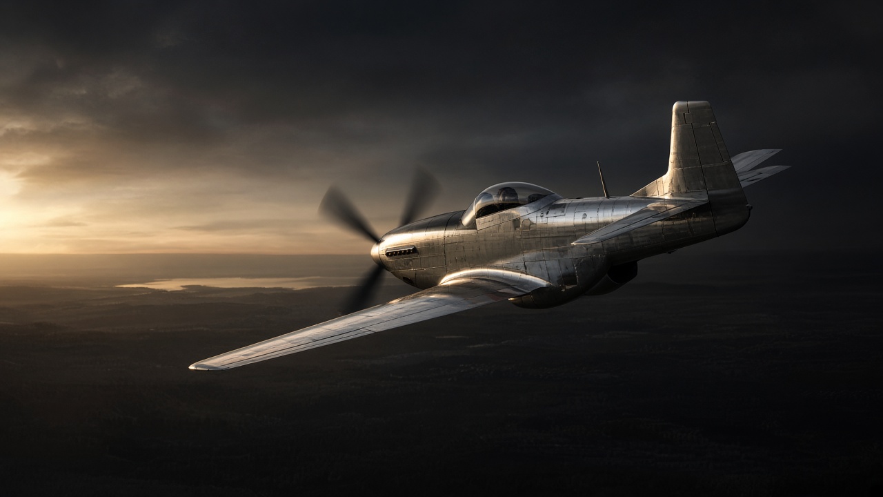 P-51 Mustang in flight at sunset